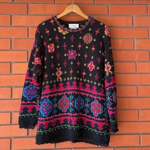 CASUAL CORNER Crewneck Embroidered Beaded Long Sleeve grandma core Sweater